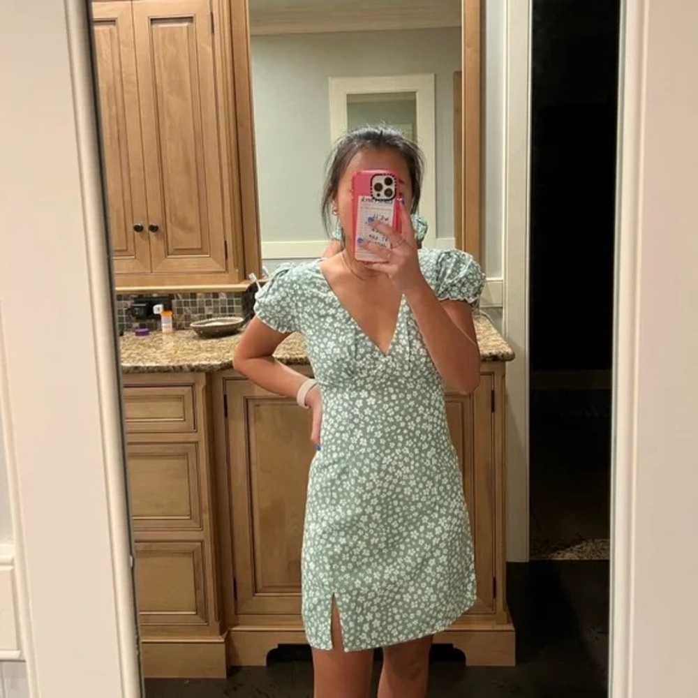 Princess Polly Green Floral Daisy Puff Sleeve Mini Dress - Picture 9 of 16